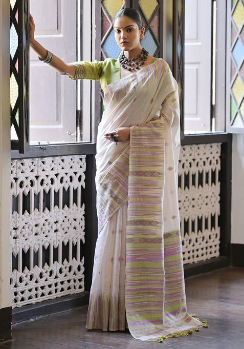 Mehendi Ikat Print Muga Cotton Saree Set 