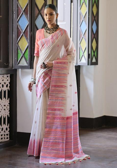 Peach Ikat Print Muga Cotton Saree Set 