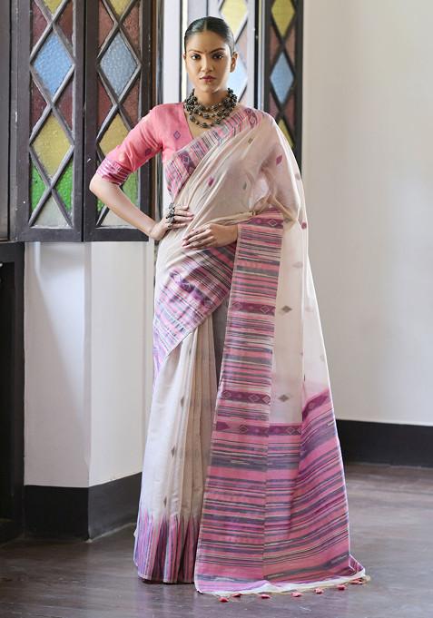 Pink Ikat Print Muga Cotton Saree Set 