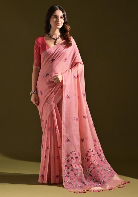 Pink Floral Thread Woven Work Muga Cotton Saree Set