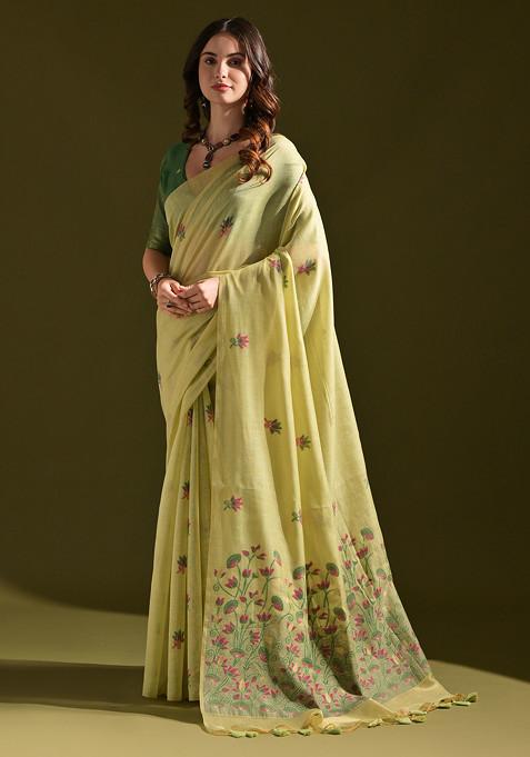 Pista Floral Thread Woven Work Muga Cotton Saree Set