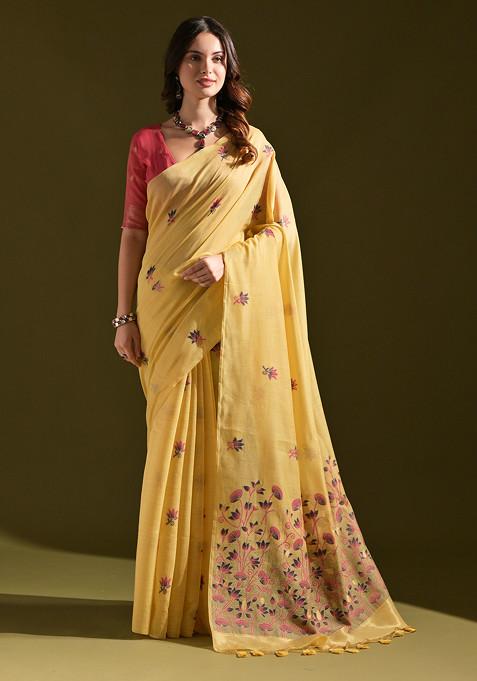 Yellow Floral Thread Woven Work Muga Cotton Saree Set