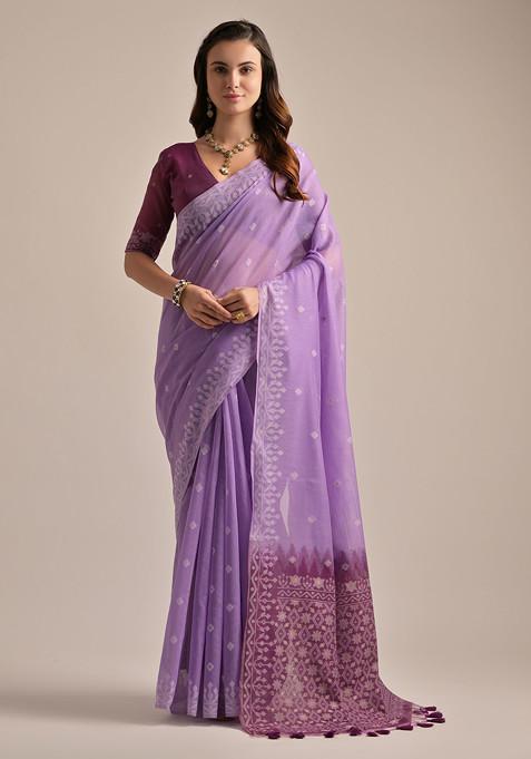 Lavender Moti Thread Work Muga Cotton Saree Set