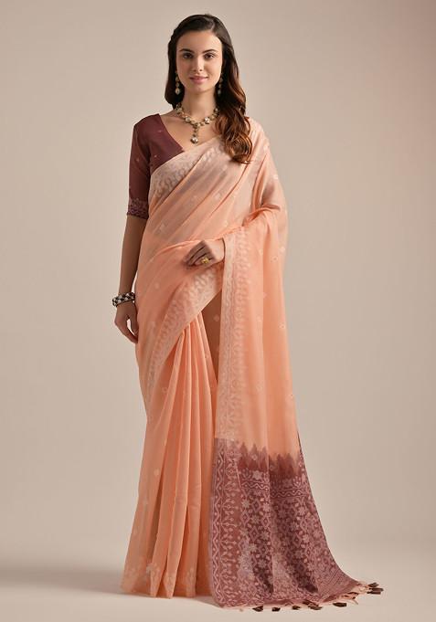 Peach Thread Work Muga Cotton Saree Set