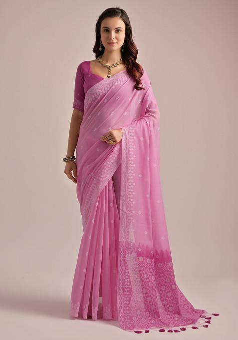 Pink Thread Work Moti Muga Cotton Saree Set