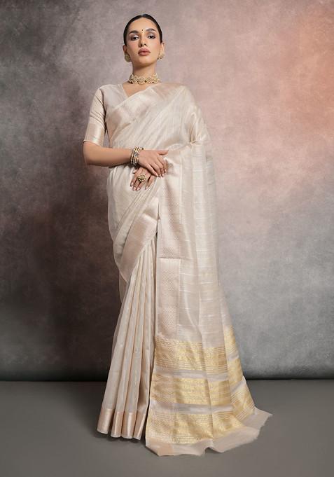 Cream Zari Work Tissue Linen Saree Set 