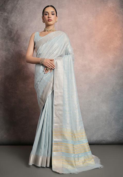 Firozi Zari Work Tissue Linen Saree Set 