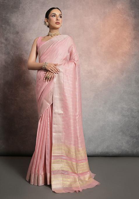 Pink Zari Work Tissue Linen Saree Set 