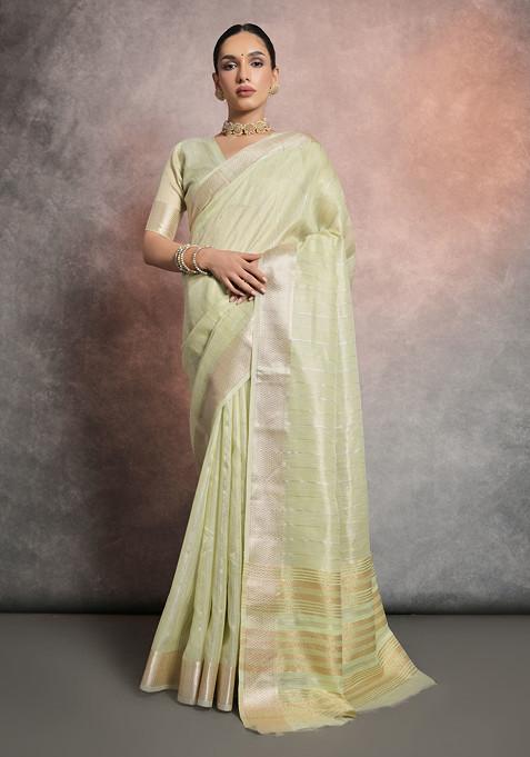 Pista Zari Work Tissue Linen Saree Set 