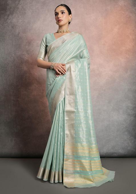 Sea Green Zari Work Tissue Linen Saree Set 