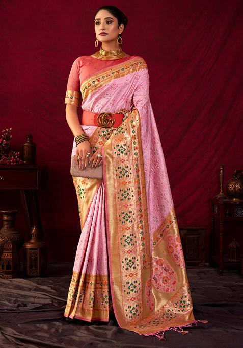 Baby Pink Zari Work Paithani Silk Saree Set