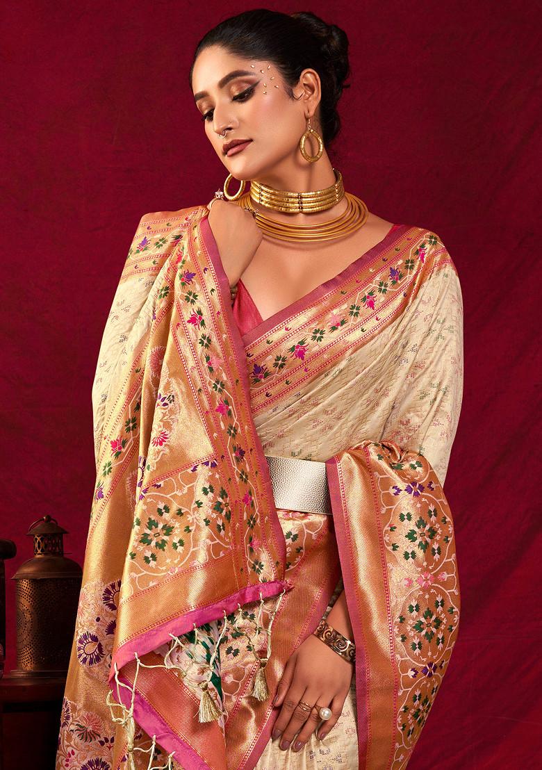 Cream Zari Work Paithani Silk Saree Set