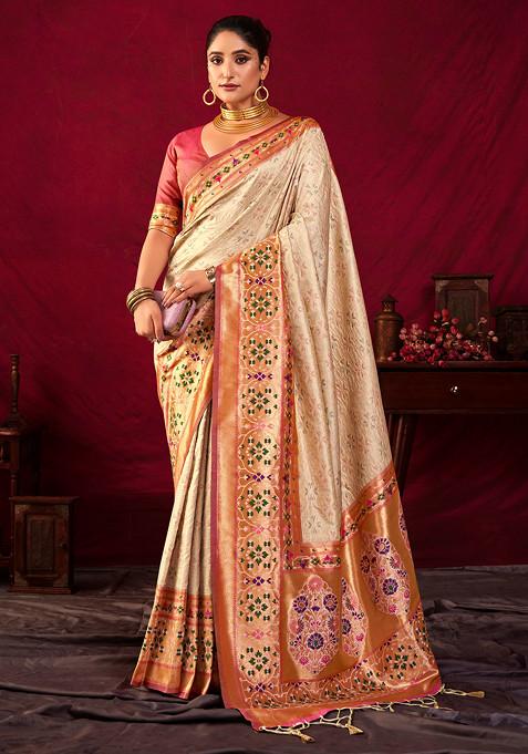 Cream Zari Work Paithani Silk Saree Set