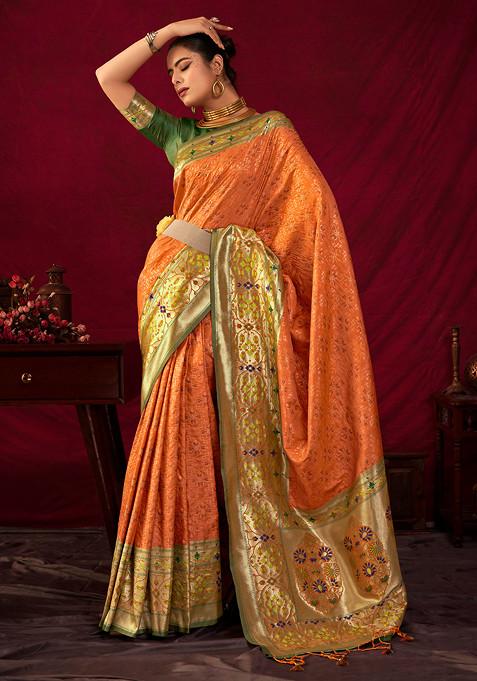 Orange Zari Work Paithani Silk Saree Set