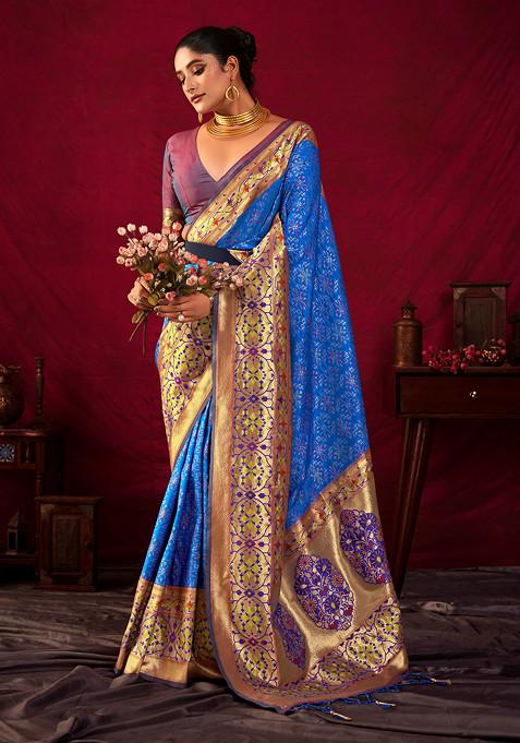 Royal Blue Zari Work Paithani Silk Saree Set