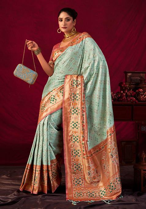 Sea Green Zari Work Paithani Silk Saree Set