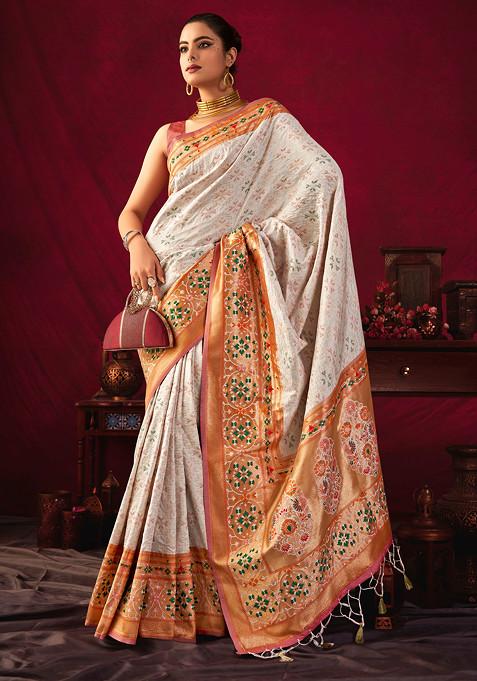 White Zari Woven Print Paithani Silk Saree Set