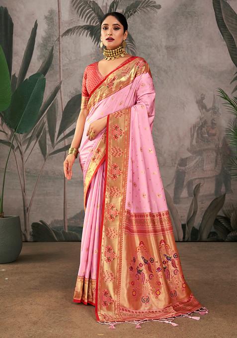 Baby Pink Zari Woven Print Paithani Silk Saree Set