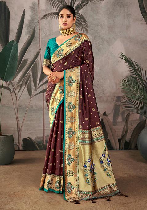 Marron Zari Woven Work Paithani Silk Saree Set