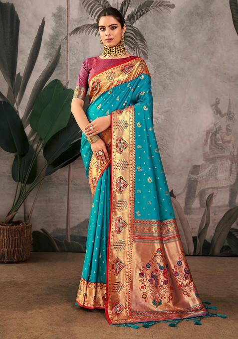 Rama Zari Woven Work Paithani Silk Saree Set