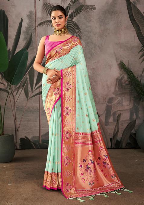 Sea Green Zari Woven Work Paithani Silk Saree Set