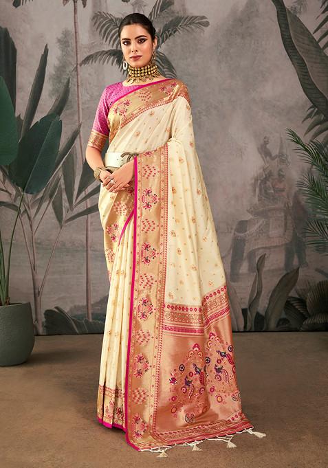 White Zari Woven Work Paithani Silk Saree Set