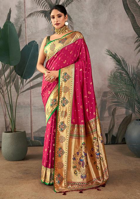 Wine Zari Woven Work Paithani Silk Saree Set