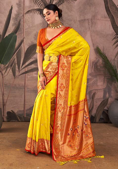 Yellow Zari Woven Work Paithani Silk Saree Set