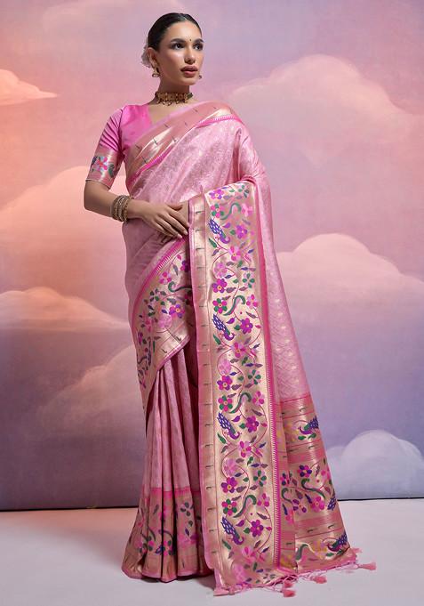 Baby Pink Zari Woven Print Silk Saree Set