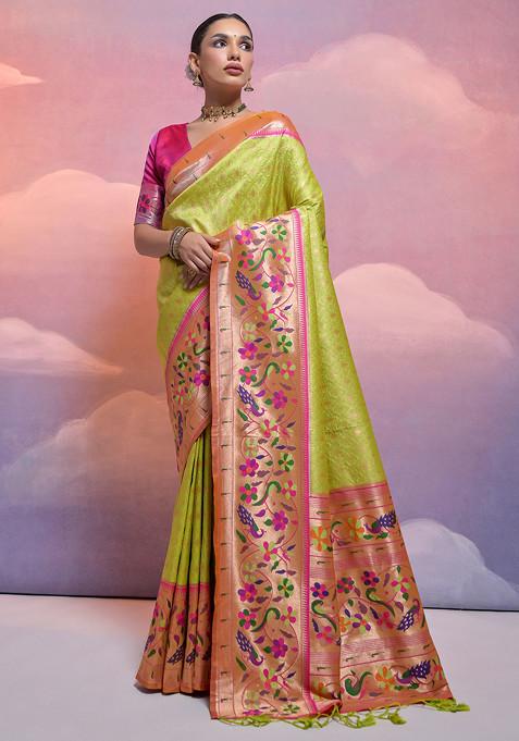 Mehendi Zari Woven Work Paithani Silk Saree Set