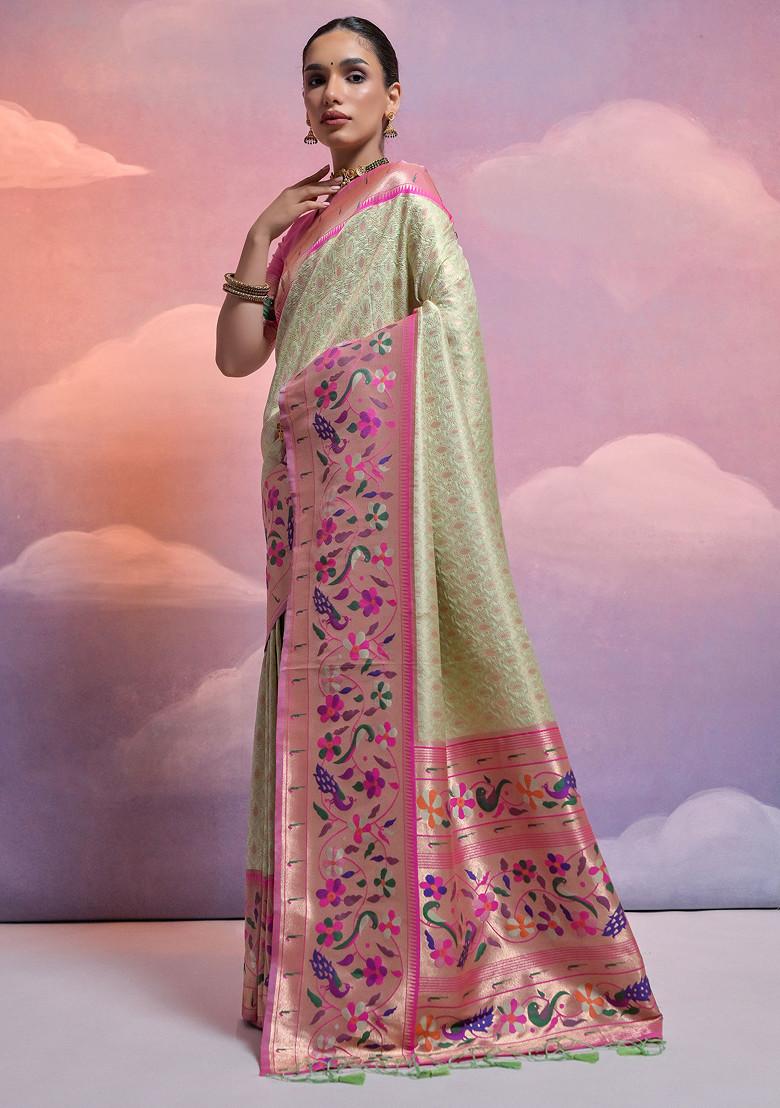 Pista Zari Woven Work Paithani Silk Saree Set
