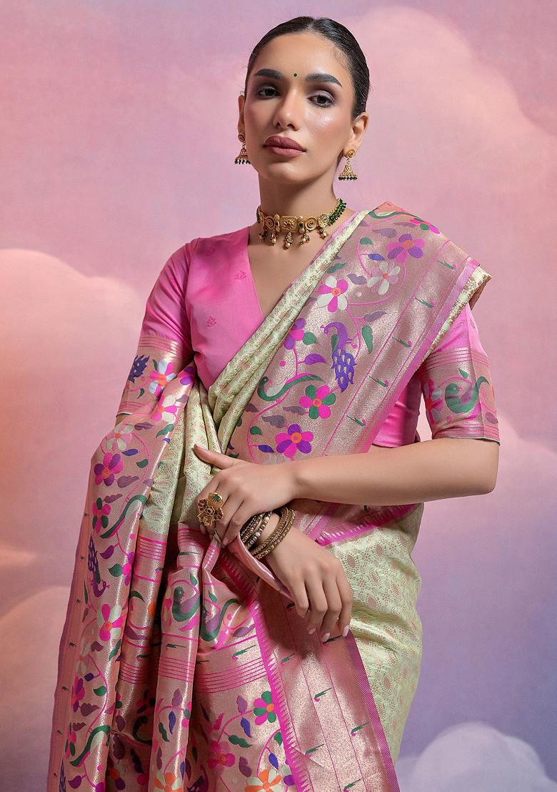 Pista Zari Woven Work Paithani Silk Saree Set