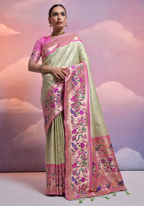 Pista Zari Woven Work Paithani Silk Saree Set