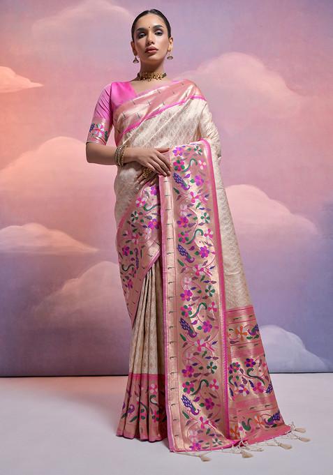 White Zari Woven Work Silk Saree Set