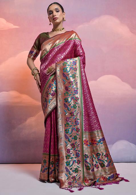 Wine Zari Woven Work Silk Saree Set