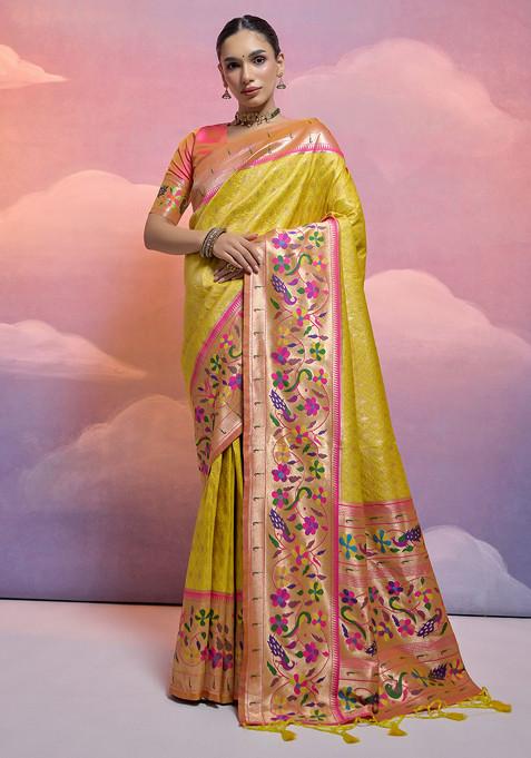 Yellow Zari Woven Work Silk Saree Set