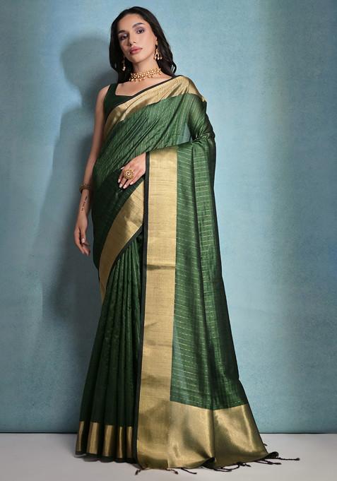 Green Zari Woven Dot Work Raw Silk Saree Set