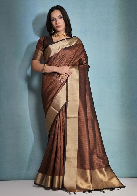 Coffee Zari Woven Dot Work Raw Silk Saree Set