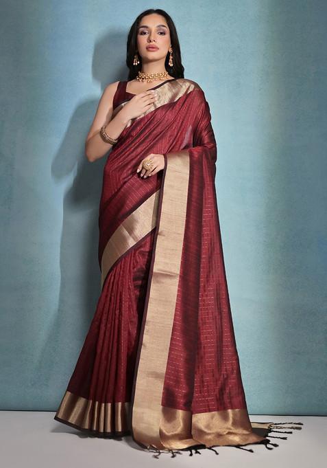 Maroon Zari Woven Dot Work Raw Silk Saree Set