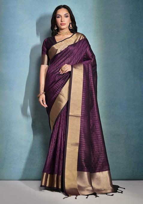 Wine Zari Woven Dot Work Raw Silk Saree Set