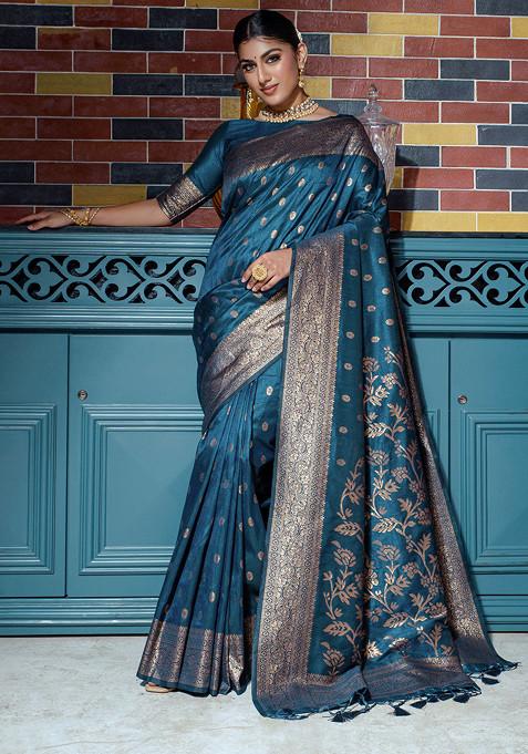 Blue Zari Woven Work Banarasi Silk Saree Set