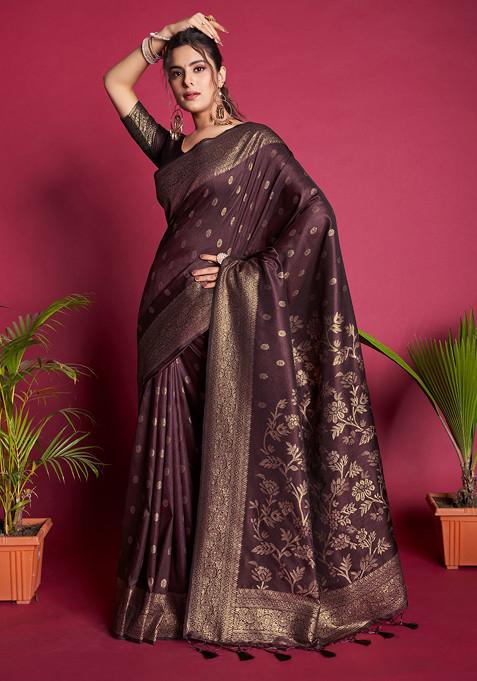 Coffee Zari Woven Work Banarasi Silk Saree Set