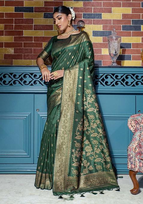 Green Zari Woven Work Banarasi Silk Saree Set