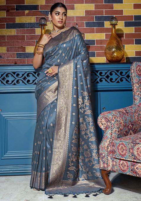 Grey Zari Woven Work Banarasi Silk Saree Set