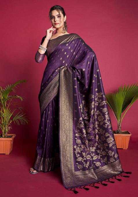 Wine Zari Woven Work Banarasi Silk Saree Set