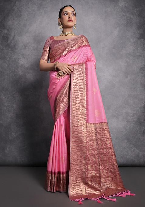 Baby Pink Zari Woven Work Tussar Silk Saree Set