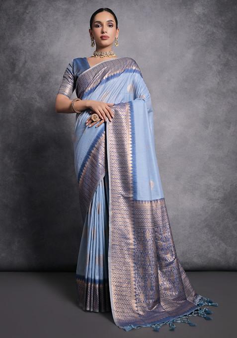 Blue Zari Woven Work Tussar Silk Saree Set