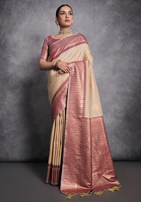 Chiku Zari Woven Work Tussar Silk Saree Set