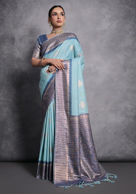 Firozi Zari Woven Work Tussar Silk Saree Set