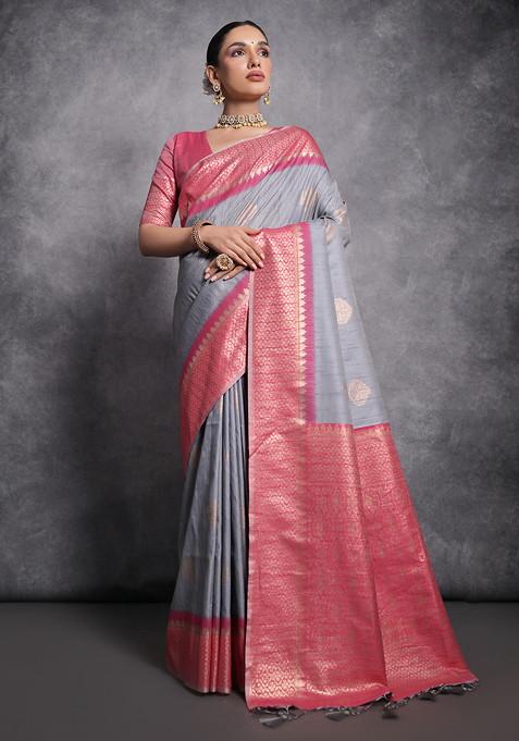 Grey Zari Woven Work Tussar Silk Saree Set